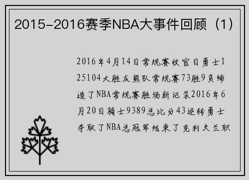 2015-2016赛季NBA大事件回顾（1）